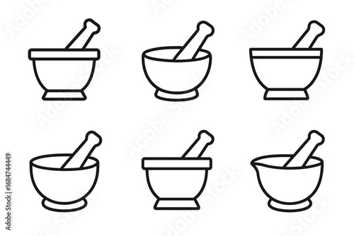 Collection of mortar and pestle line icons with varied bowl styles