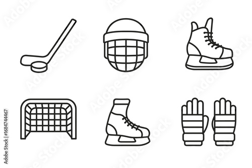 Ice hockey equipment icons: stick, helmet, skates, goal, gloves