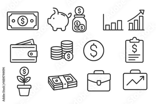 Visual elements representing finance, savings, investments, and economic growth in a modern design