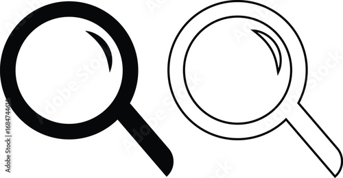 Search icon set collection group in black flat and line style, magnifying glass symbol pack, zoom find explore tool bundle, isolated on transparent background, outline glyph design elements
