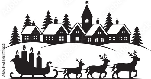 Charming silhouette of a snowy village scene with reindeer drawn sleigh
