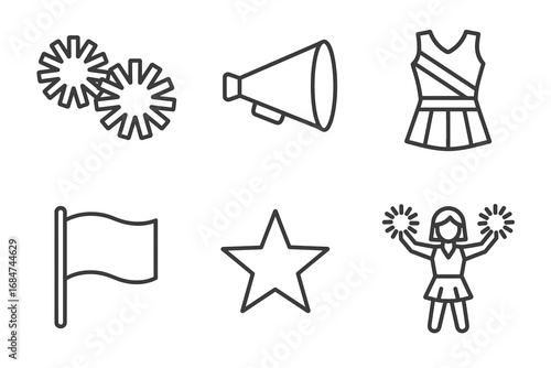 Cheerleading icons set with pom-poms, megaphone, and cheerleader uniform