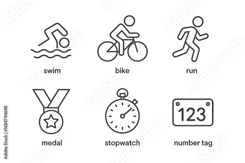 Triathlon icons: swim, bike, and run in minimalist black and white line style