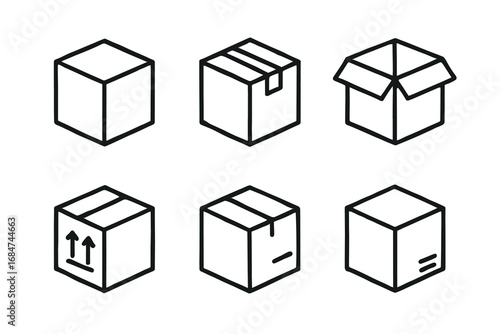 Set of six minimalist box icons in black and white line art style