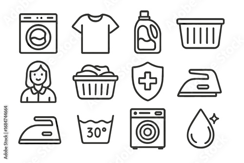Washing and laundry icons showcasing various elements of household chores and care
