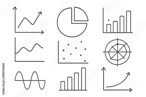 Collection of various data visualization elements including graphs, charts, and plots in a minimalist style