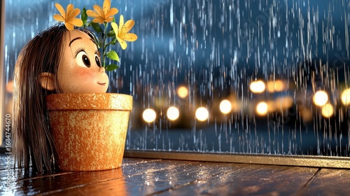 Wallpaper Mural Whimsical Girl in Flowerpot Watching Rain at Night Torontodigital.ca