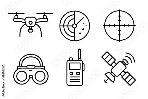 Surveillance icons set featuring drone, radar, target, night vision, radio, and satellite