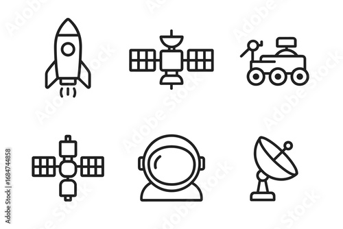 Space exploration icons: rocket, satellite, rover, astronaut, antenna