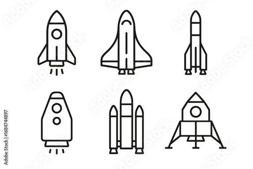 Set of six simple rocket and shuttle icons in black line art style