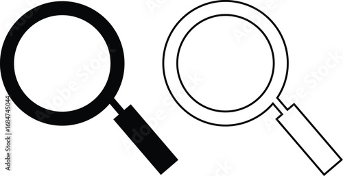Search icon set collection group in black flat and line style, magnifying glass symbol pack, zoom find explore tool bundle, isolated on transparent background, outline glyph design elements