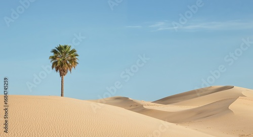 Serenity in the Desert. A Lone Palm Tree Standing Tall Among Sand Dunes.