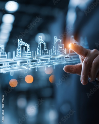 Industrial manager pointing at glowing holographic factory floor layout, symbolizing automation and process optimization.