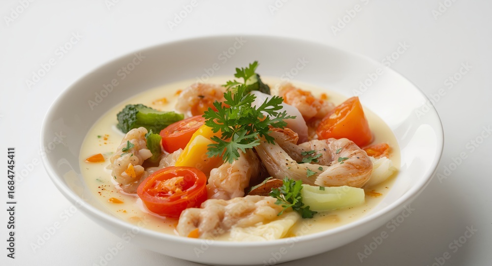 Shrimp and Vegetable Stew in Creamy Sauce Served in White Bowl, Culinary Art. Shrimp and Vegetable Stew in Creamy Sauce Served in White Bowl, Culinary Art.