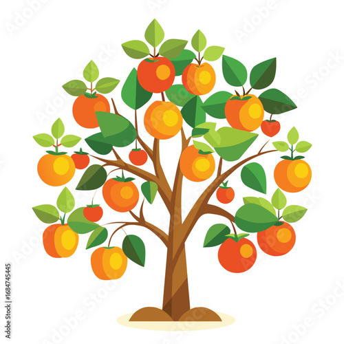A vibrant persimmon tree with bright orange fruits and green leaves, a healthy and detailed illustration on a clean white background, for nature or food.