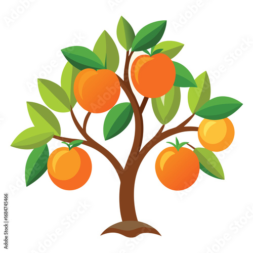 A vibrant peach tree with ripe peaches and green leaves, a healthy and detailed illustration on a clean white background, for nature or food themes.