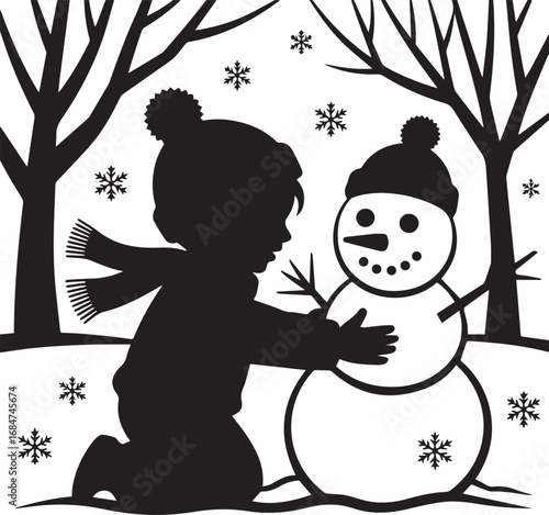 Child hugging snowman silhouette in snowy winter forest scene