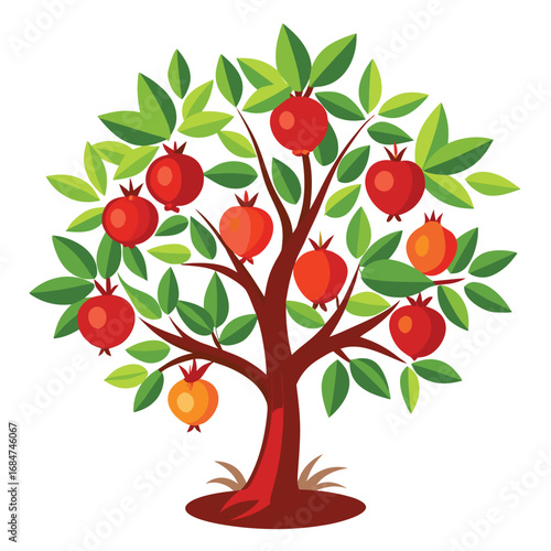 A vibrant pomegranate tree with red fruits and glossy leaves, a beautiful and detailed illustration on a clean white background, for nature or food.