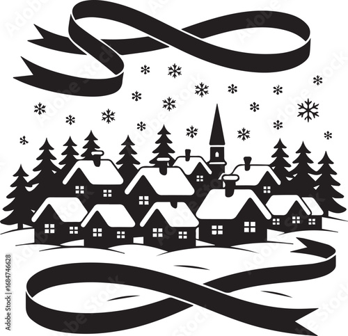Whimsical winter village scene with snowflakes and decorative ribbons