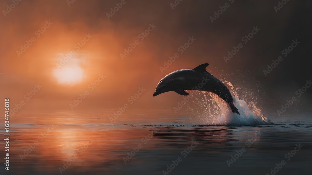 Naklejka premium A majestic dolphin gracefully leaps from the serene ocean waters against a vibrant orange sunrise sky creating stunning reflections