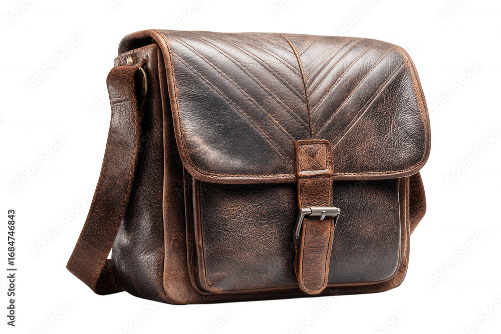 Naklejka premium Rustic distressed brown leather messenger bag with buckle closure isolated on transparent background