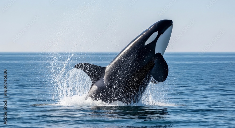 Fototapeta premium Majestic Orca Leaping Out of the Ocean Waters