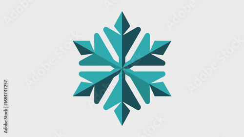 A symmetrical teal snowflake design with triangular facets on a light gray background centered view