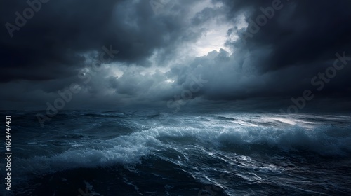 A powerful storm brews over the open ocean with dramatic dark clouds and turbulent waves creating an intense and foreboding seascape
