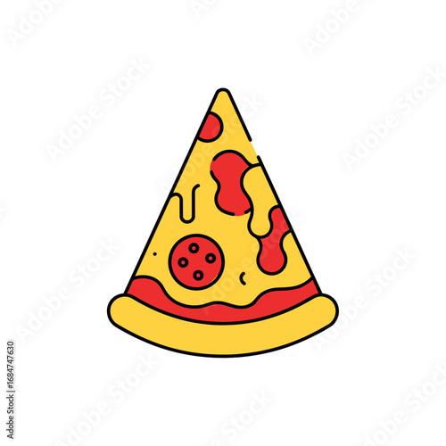 A simple cartoon illustration of a slice of pepperoni pizza with melted cheese and a thick crust, isolated on a white background.