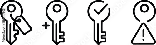 Four key icons in a row showing different states such as new key, duplicate, valid and error key