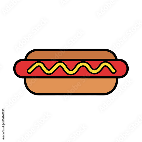 A detailed illustration of a hotdog with mustard on a bun, ready to eat.