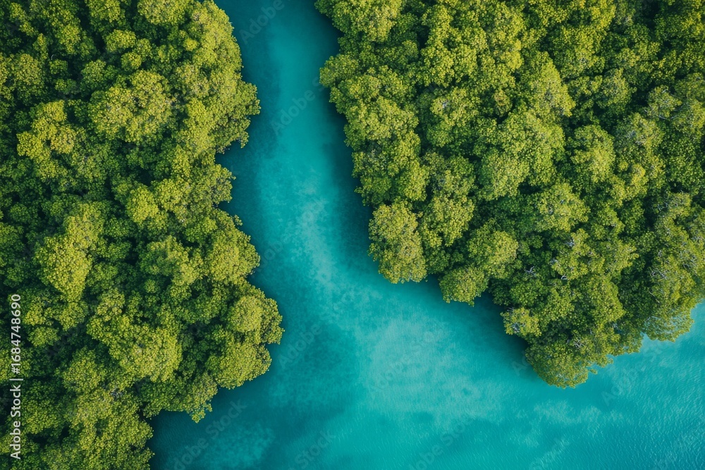 Naklejka premium The lush mangrove ecosystem is showcased from an aerial view, highlighting its dense green canopy as a means to achieve carbon offset and environmental sustainability