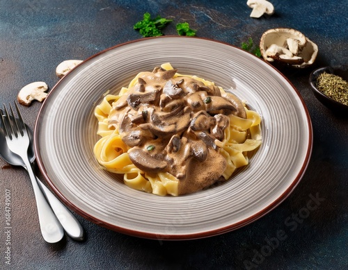 Tasty homemade beef stroganoff topped with mushrooms and pasta
