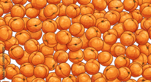 Illustration of a dense pile of ripe, orange apricots creating a textured background pattern.