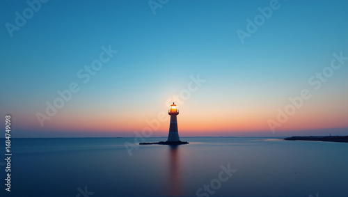 Lighthouse Illuminated at Dusk Over Calm Sea Symbolizing peace and comfort