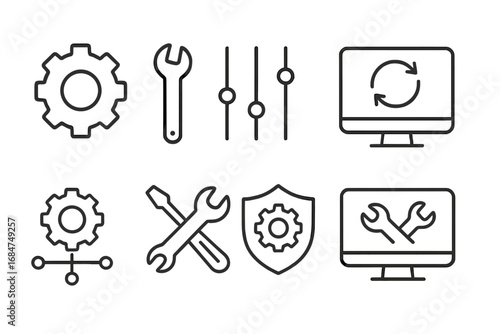Various tools and icons for technology and repair displayed in a grid layout on a light background