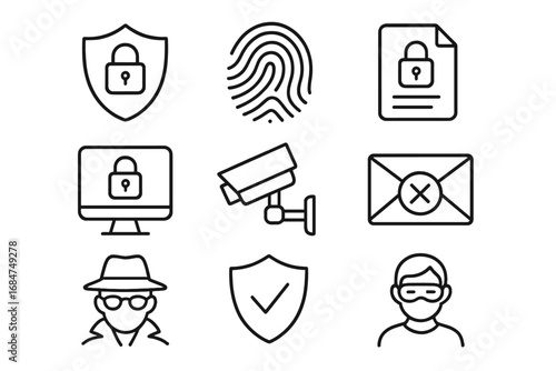 Security icons showcasing digital protection measures including locks, surveillance, fingerprints, and document safeguards for safety awareness