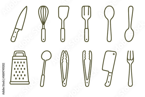 Collection of kitchen utensils arranged in a grid showing essential tools for cooking and baking activities