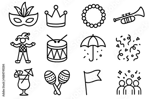 Colorful carnival symbols representing festive celebrations and lively activities in a playful design