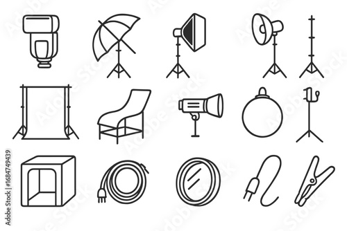 Collection of photography equipment including lighting, backdrops, and accessories for studio setups in creative environments