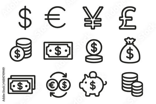Various currency symbols and money-related icons representing global finance and transactions in a vector style