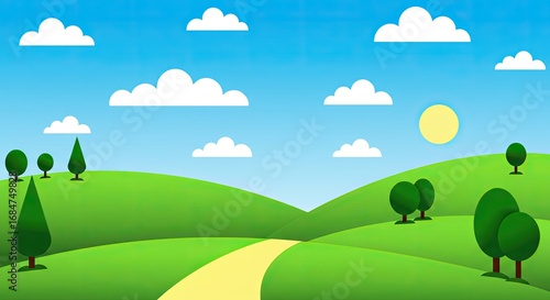 Cartoon Landscape with Rolling Green Hills, Blue Sky, and Yellow Sun