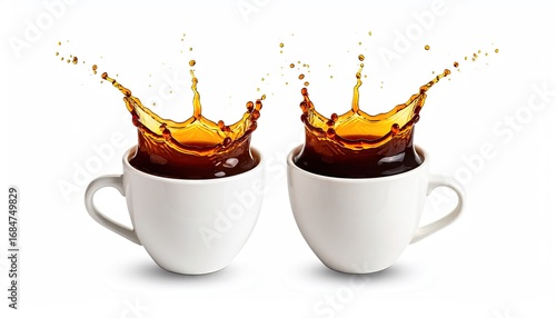 Two White Coffee Cups with Brown Liquid Splashes on White Background