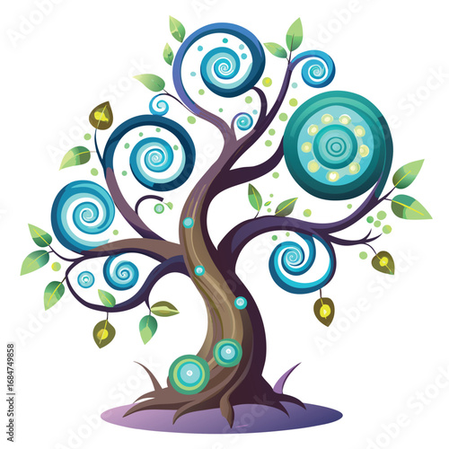 A whimsical tree with spiral branches and glowing leaves, a magical and unique design, symbolizing fantasy, creativity, and the unknown.