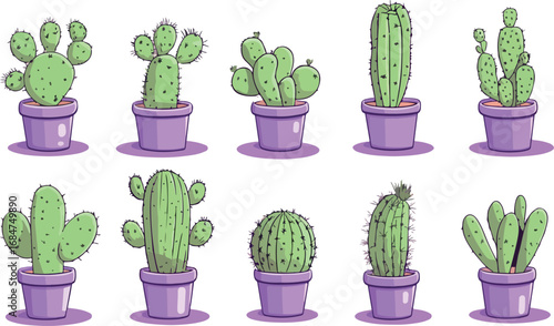 Collection of ten potted green cacti with purple pots and pink saucers on a white background