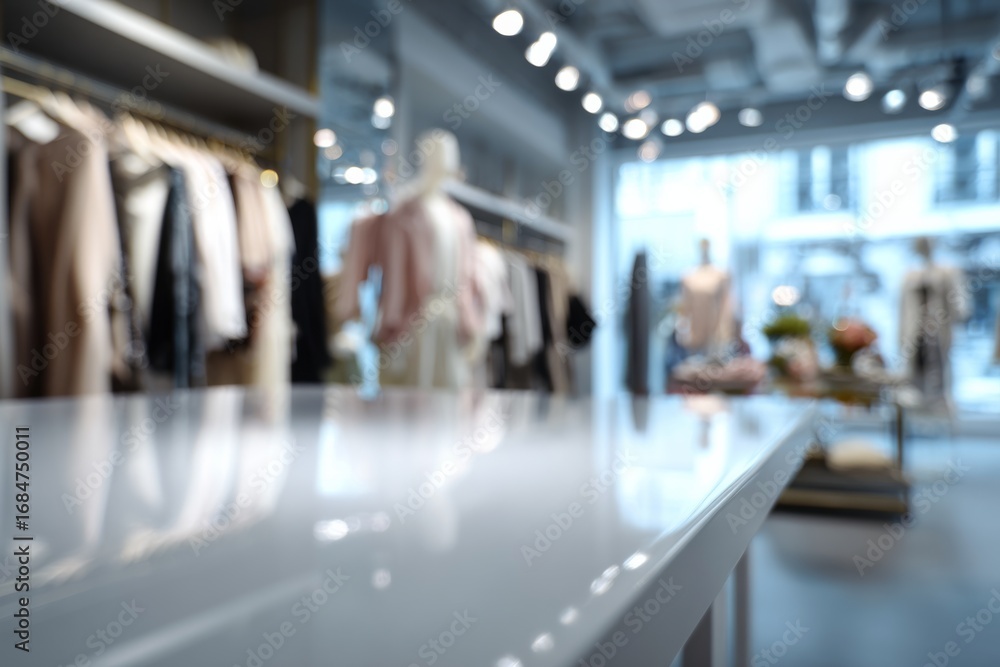Naklejka premium Glossy white tabletop surface with blurred clothing fashion shop and mannequins in the background.