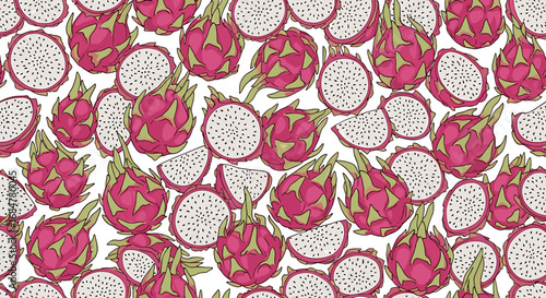 A vibrant, repeating pattern of dragon fruits, showcasing their pink skin and white flesh speckled with black seeds.