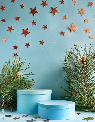 Empty pale blue podiums on pale turquoise background with silver and green Pine branches and copper star shape glitter decorations .Generated image. Generated image