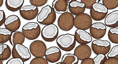 A seamless pattern of whole and halved coconuts.