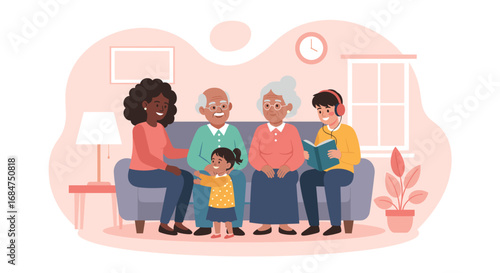 A happy multi-generational family enjoys time together at home. Grandparents, mother, boy, and little girl bond in a cozy living room, symbolizing love, care, and joyful family life.